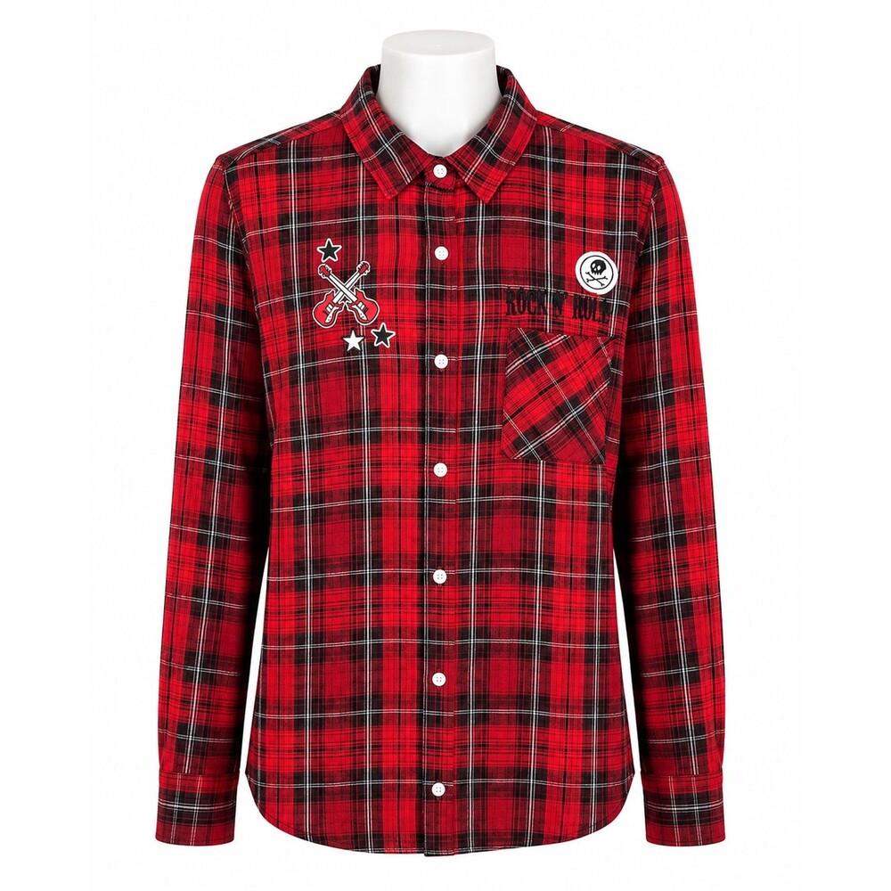 Rock & Roll Hall of Fame Shirt Mens XL Red Plaid Button Up Guitar Patch Viscose‎